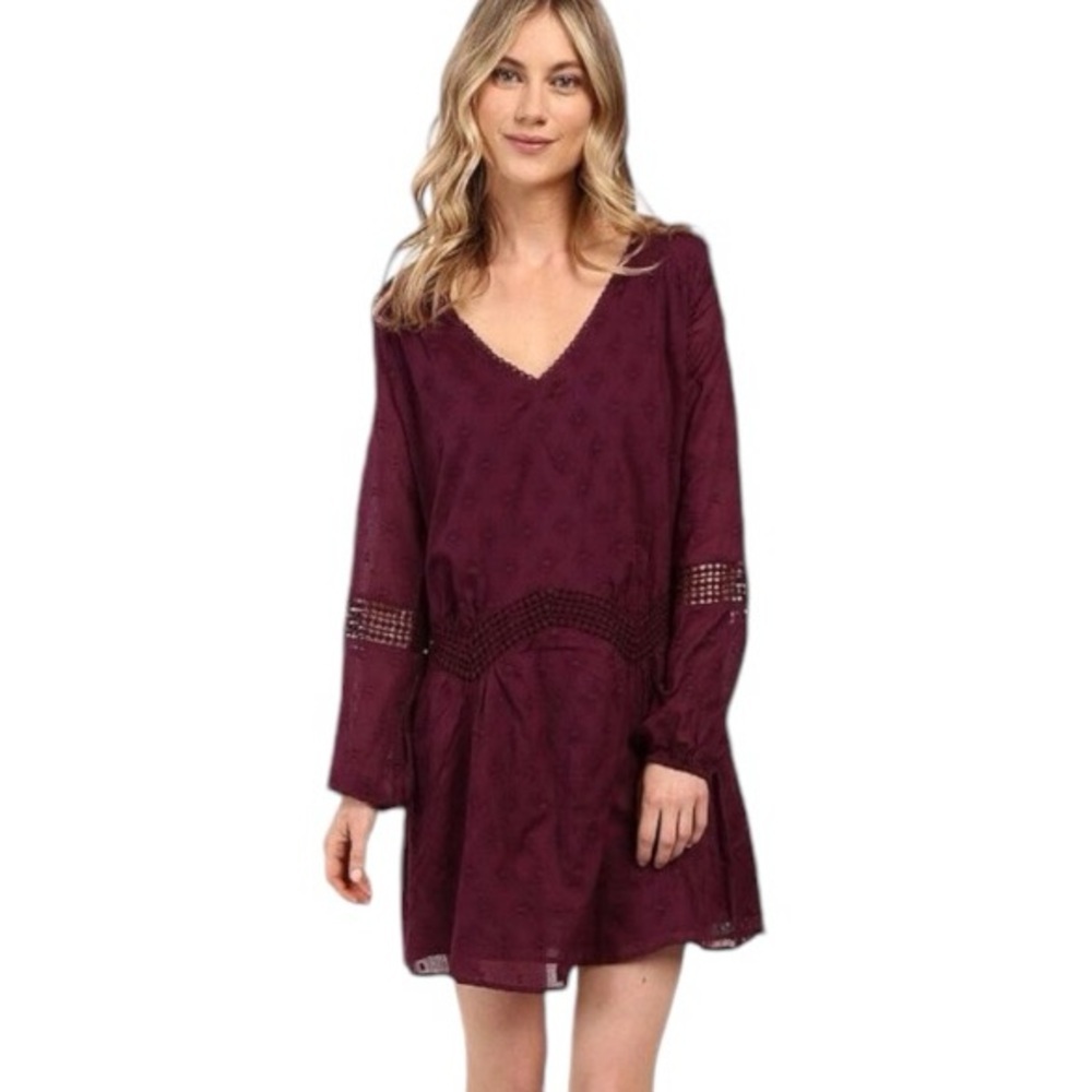 Roxy Long Sleeve Boho V-Neck Mini Dress Lace Deep Plum Purple Party Size Small